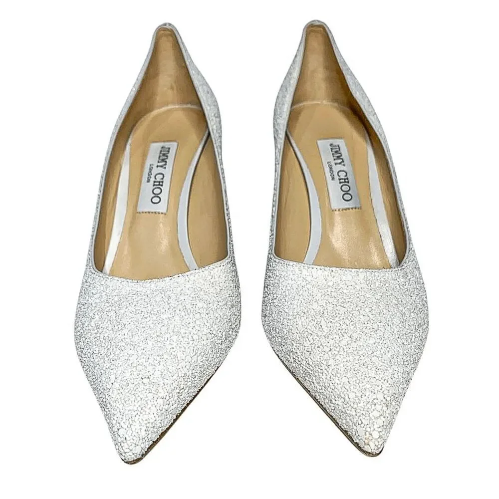 Jimmy Choo Love 85 White Coarse Glitter Heels EU 40.5 Slip On Wedding Pumps